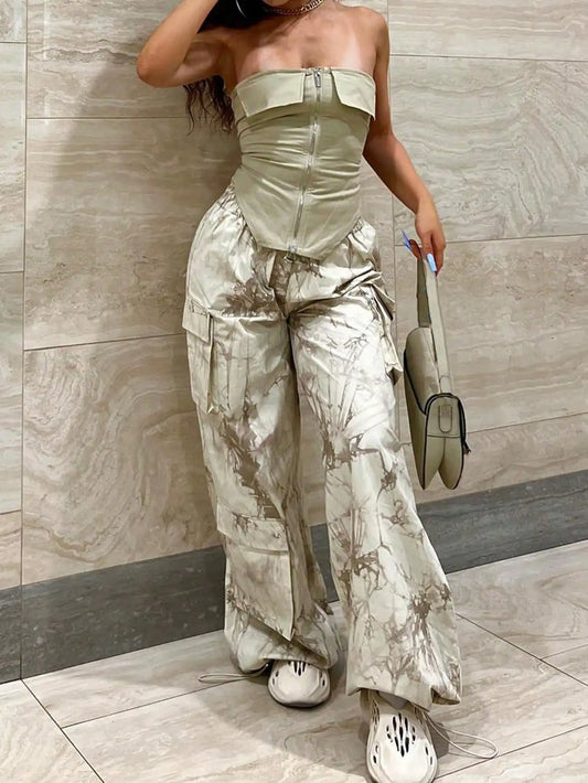 GrandAvenueStore Women 2Piece TubeTop CropTop WideLeg Pants