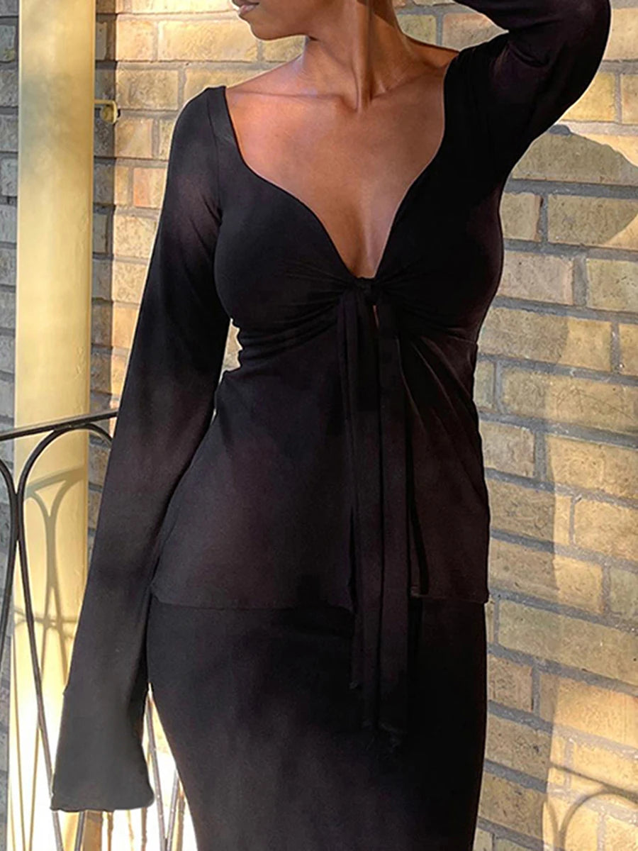 Hirigin Women PremiumWaffleLongSleeveVNeckFrontTieKnot FashionTop EssentialWardrobe DailyWear