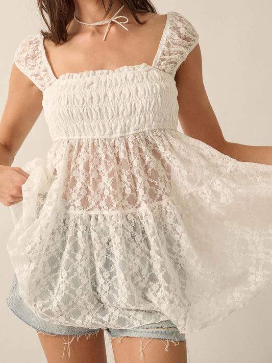 CN Casual Floral Lace Square Neck Tee With Cap Sleeves