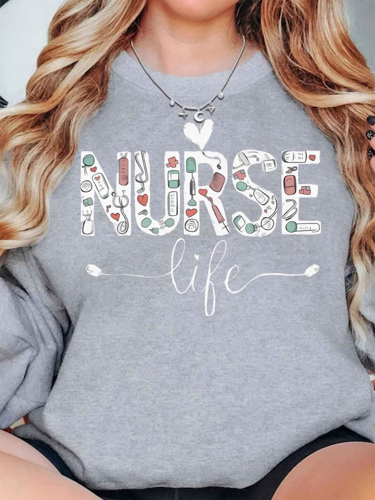 Closure Women Cotton Crew Neck Sweatshirt Nurse Life Print Oversized Hoodie Long Sleeved