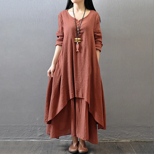 CN Women Linen Look Button Dress With Faux Two Piece