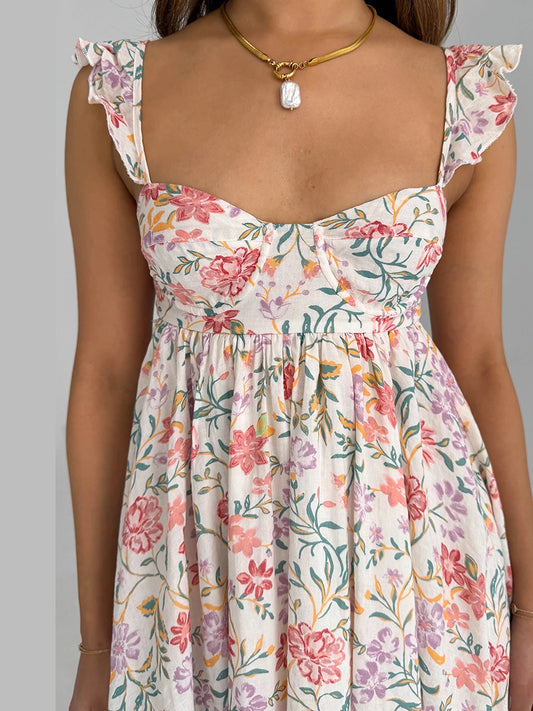 CN Velvet Maxi Dress Women Floral Ruffle V Neck Sleeveless