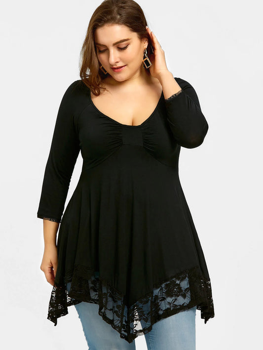 Clothing Round Neck Long Sleeve Lace Stitching Elegant Tee
