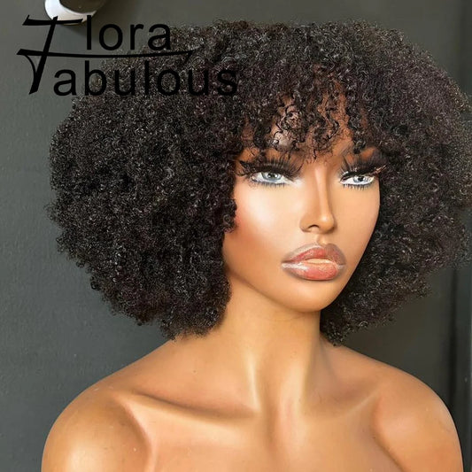 GrandAvenueStore Afro Kinky Curly Short Wig With Bangs