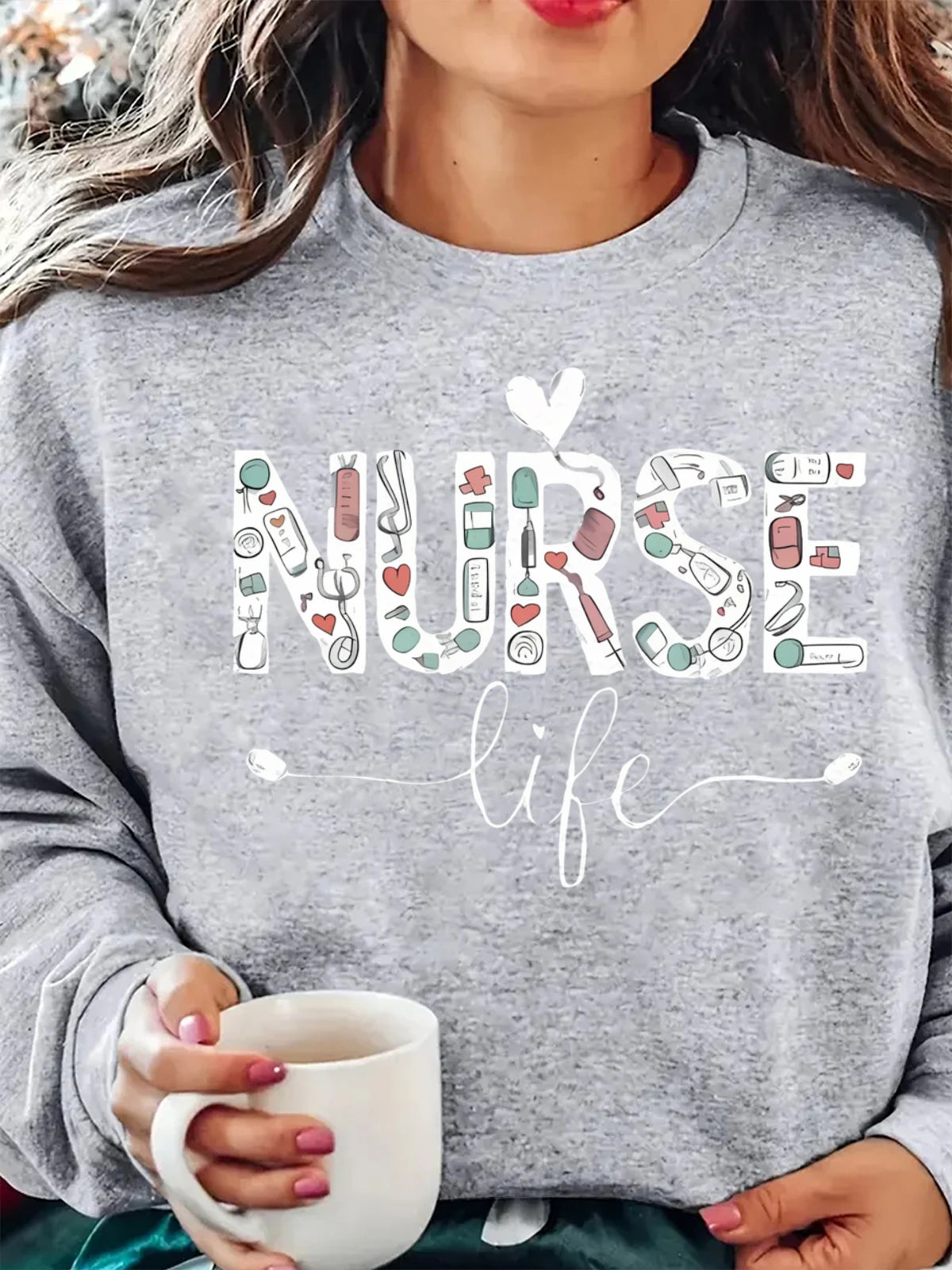 Closure Women Cotton Crew Neck Sweatshirt Nurse Life Print Oversized Hoodie Long Sleeved
