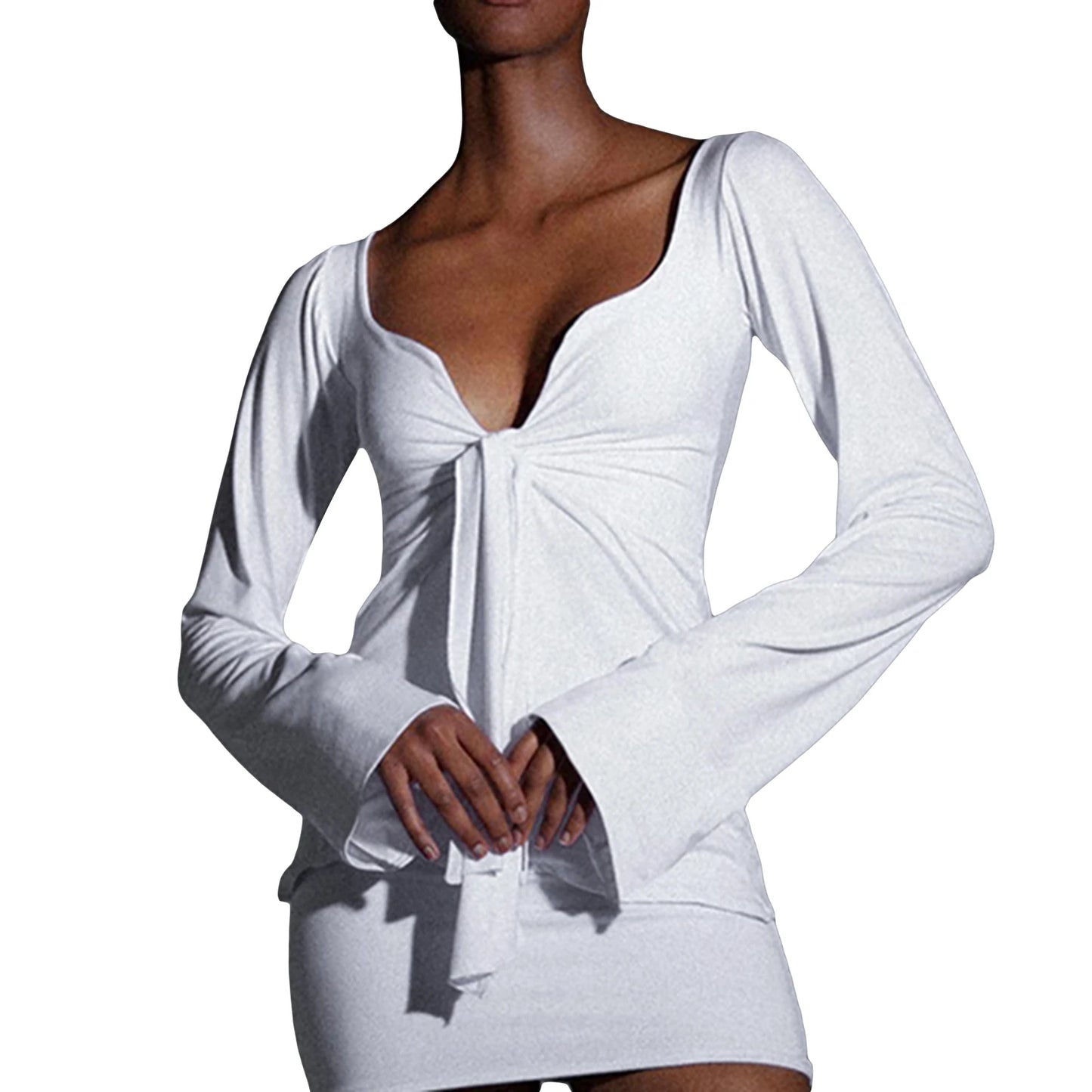 Hirigin Women PremiumWaffleLongSleeveVNeckFrontTieKnot FashionTop EssentialWardrobe DailyWear