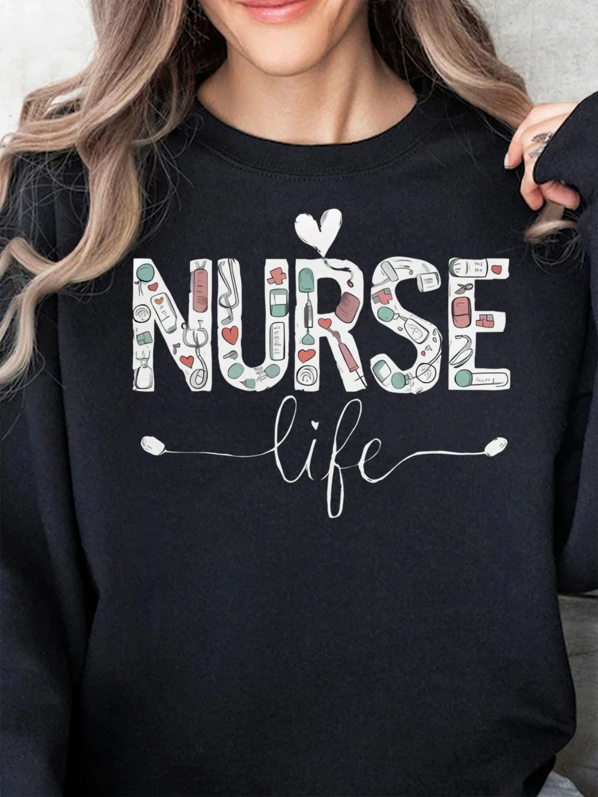 Closure Women Cotton Crew Neck Sweatshirt Nurse Life Print Oversized Hoodie Long Sleeved