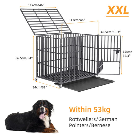 BORWARTH Heavy Duty Dog Crate With Lockable Wheels Tray