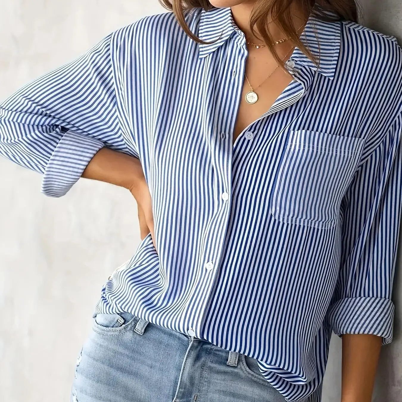 CN Jiangxi Womens Striped Shirt With Pockets Long Sleeves BreathablePolyesterFabric