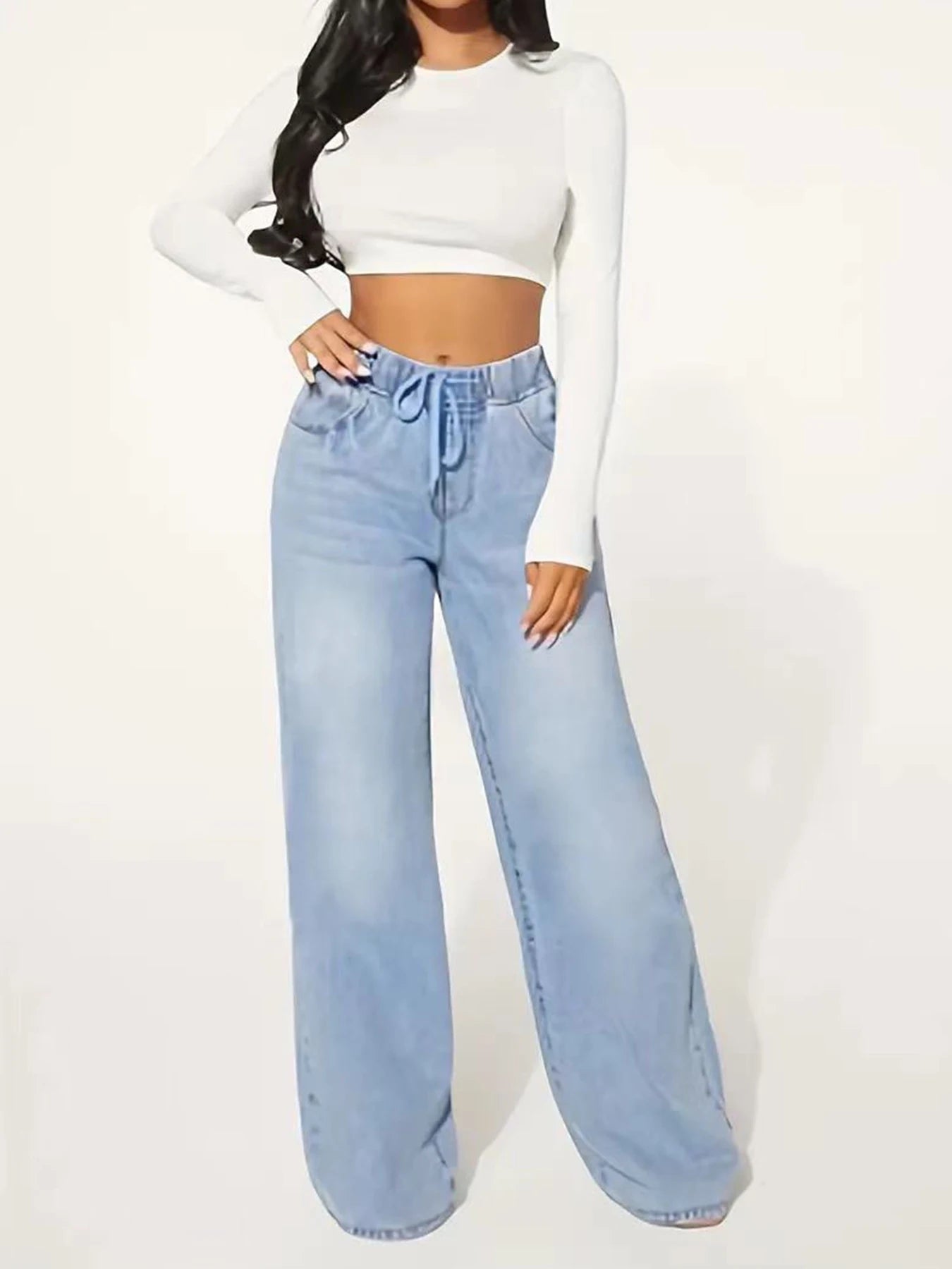 Guangdong CN Women Jeans Wide Leg Drawstring Washed Denim