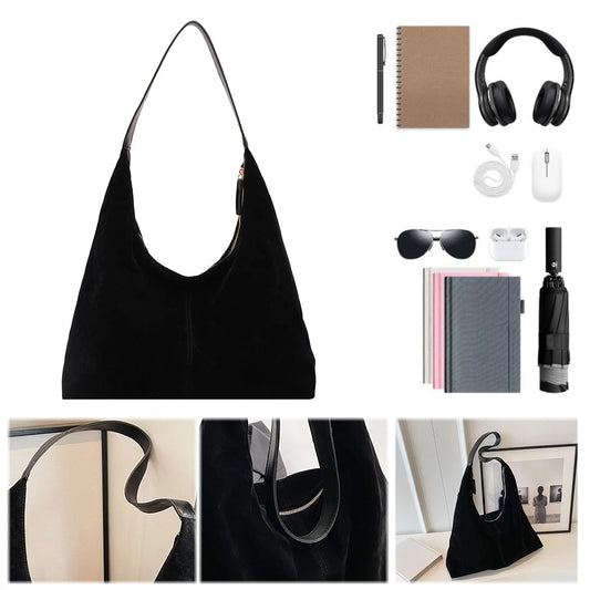 Women Suede Tote Bag With Zipper PU Leather Large Capacity