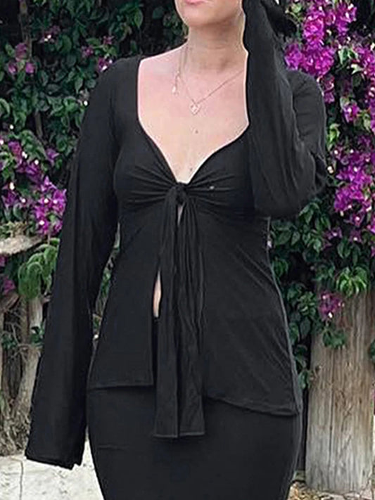 Hirigin Women PremiumWaffleLongSleeveVNeckFrontTieKnot FashionTop EssentialWardrobe DailyWear