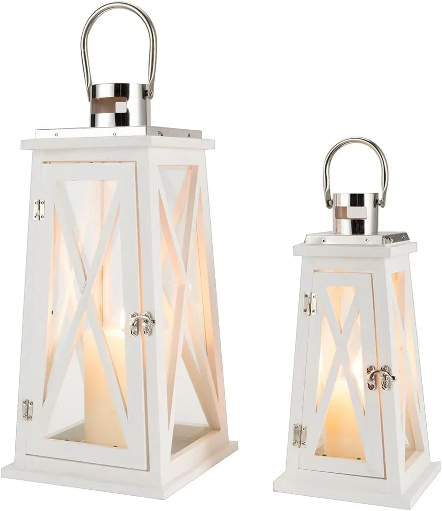 Farmhouse Wood Candle Lantern Decorative Candle Holders with Tempered Glass Rustic Hanging Lantern for Indoor Outdoor