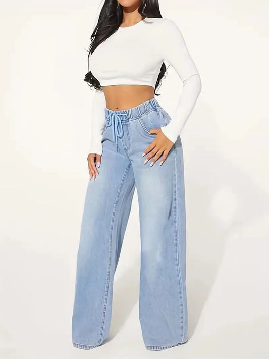 Guangdong CN Women Jeans Wide Leg Drawstring Washed Denim