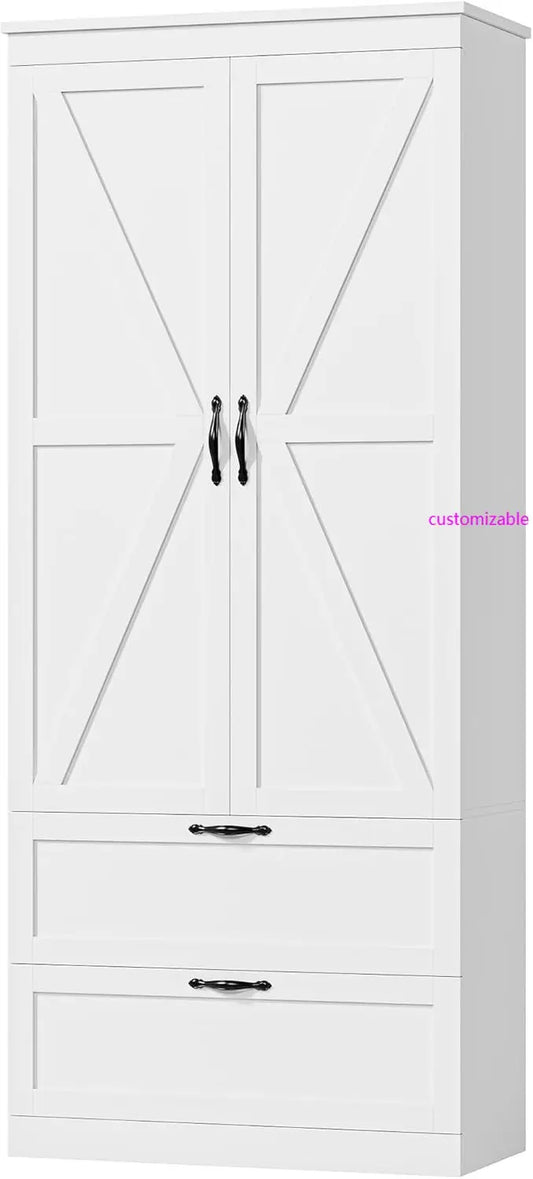 XMSJ Pantry Cabinet Barn Doors Drawers Adjustable Shelf