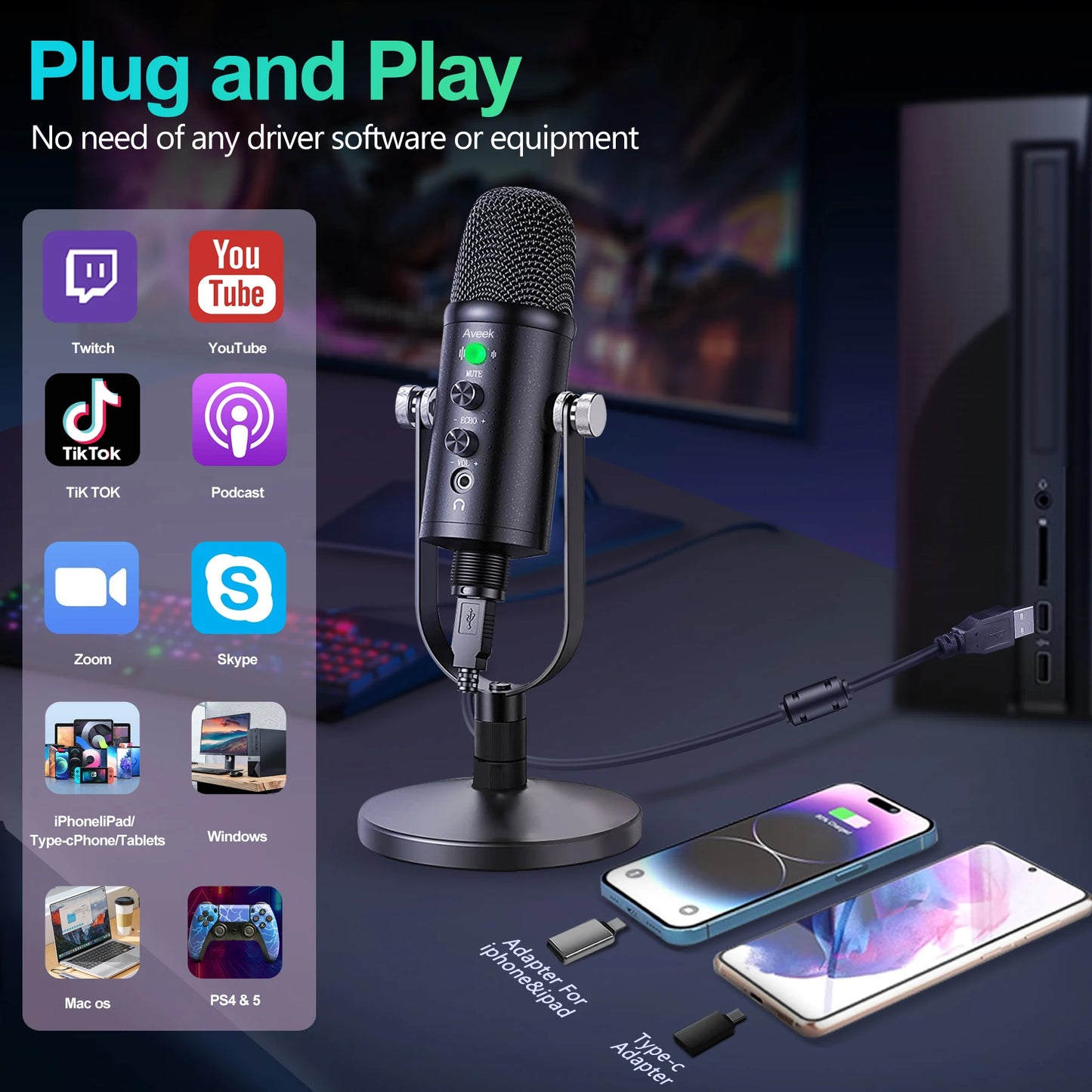 Aveek Mercase USB Condenser Microphone For PC PS4 PS5