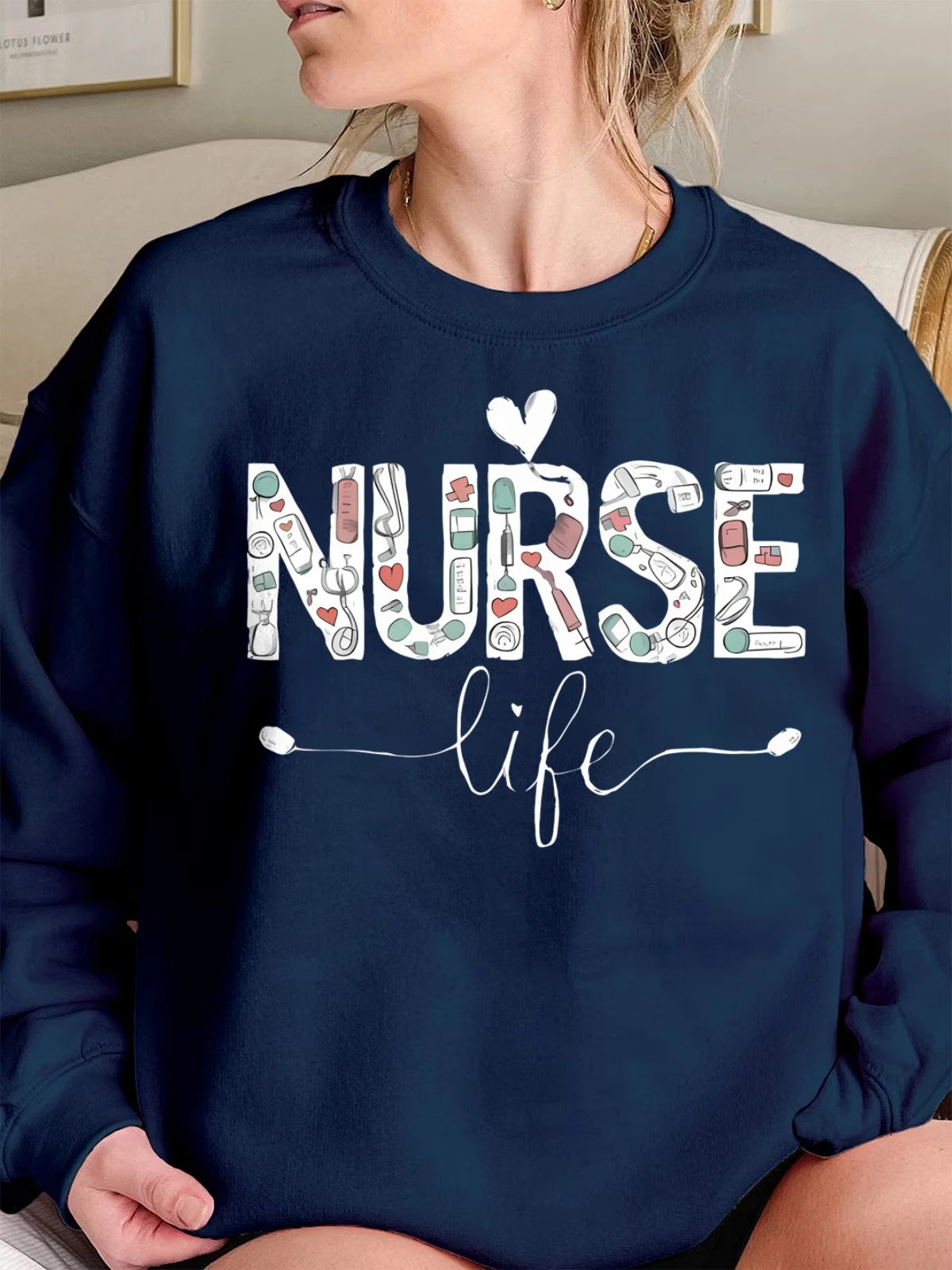 Closure Women Cotton Crew Neck Sweatshirt Nurse Life Print Oversized Hoodie Long Sleeved