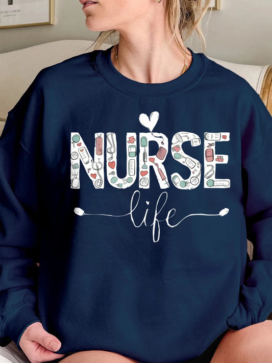 Closure Women Cotton Crew Neck Sweatshirt Nurse Life Print Oversized Hoodie Long Sleeved