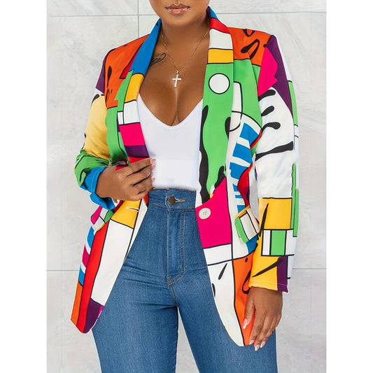 Multicolor Printed Patchwork Cardigan Lapel Jacket Casual