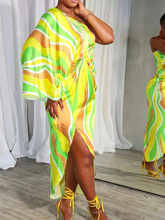 Casual Mix Print Asymmetrical Off Shoulder Slim Dress