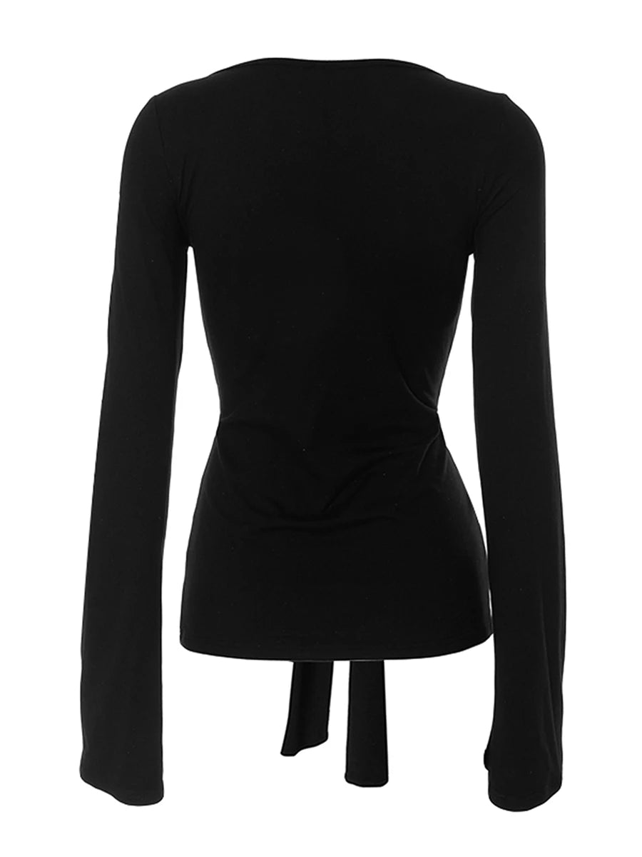 Hirigin Women PremiumWaffleLongSleeveVNeckFrontTieKnot FashionTop EssentialWardrobe DailyWear