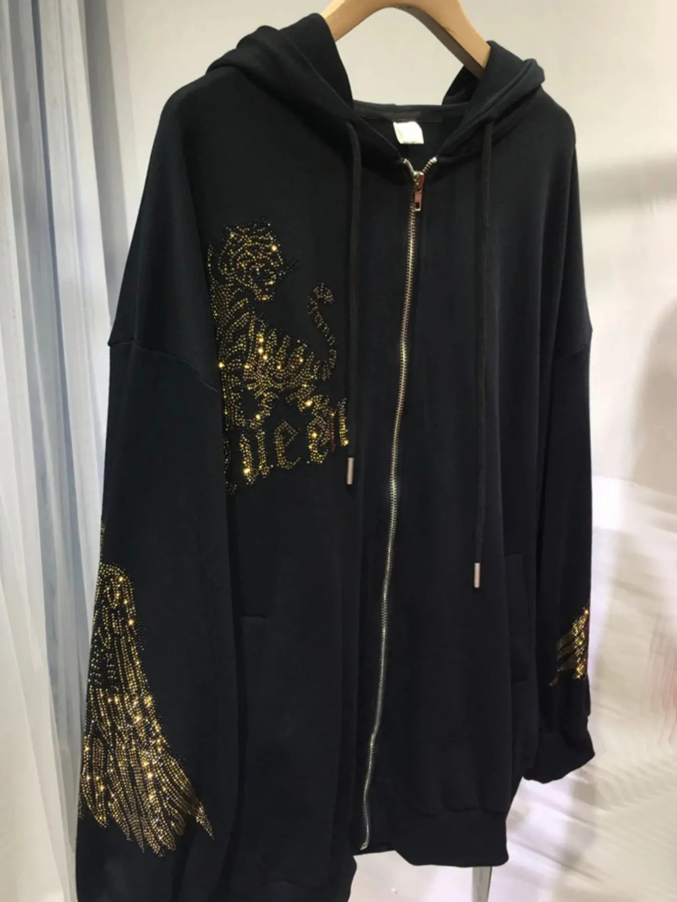 Hooded Zipper Hoodie Tiger Rhinestones Graphic With Pocket For Women