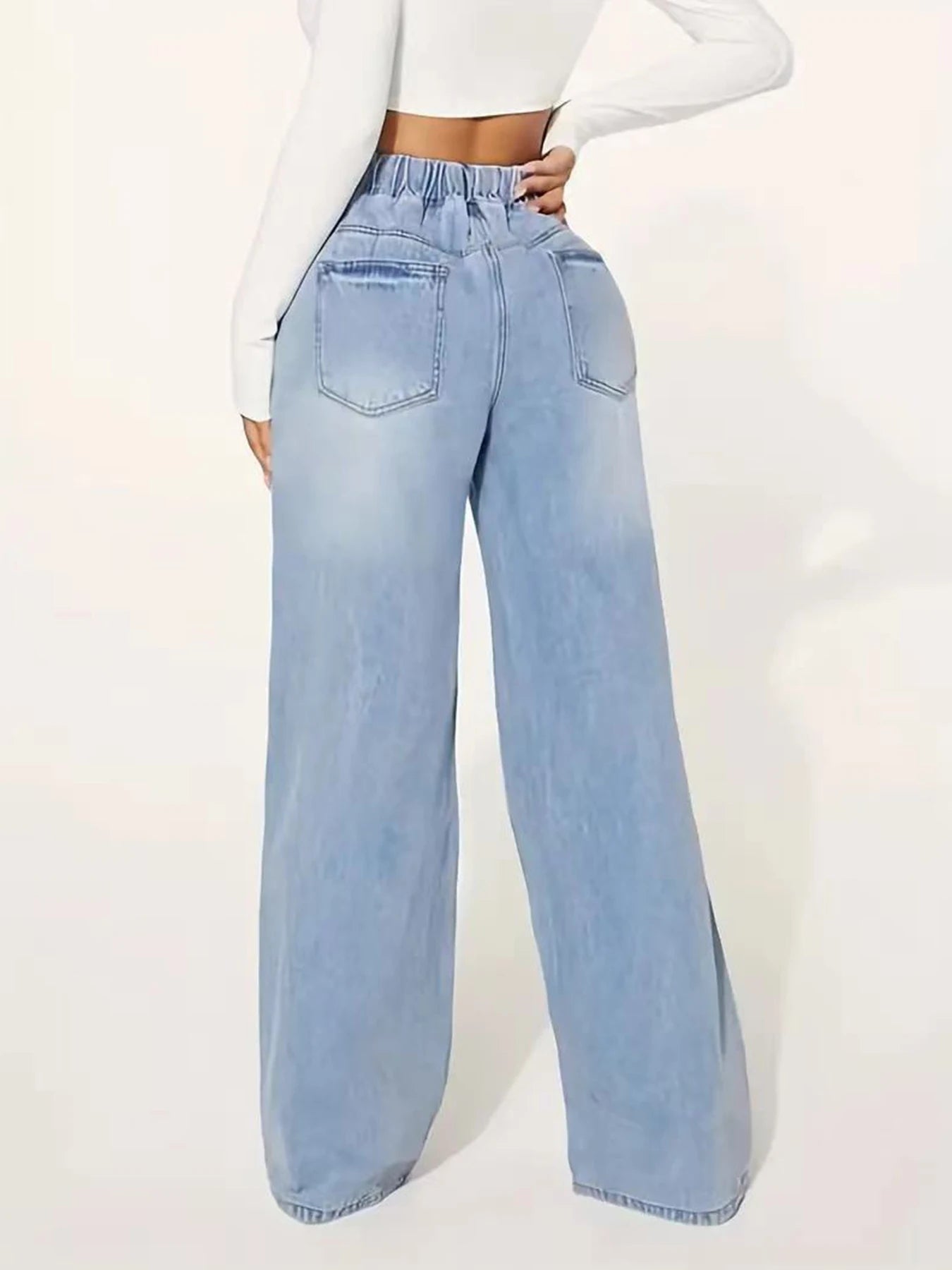 Guangdong CN Women Jeans Wide Leg Drawstring Washed Denim