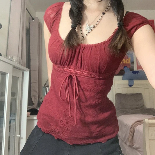 Hirigin Elegant Lady Square Collar T Shirt Bow Short Sleeve