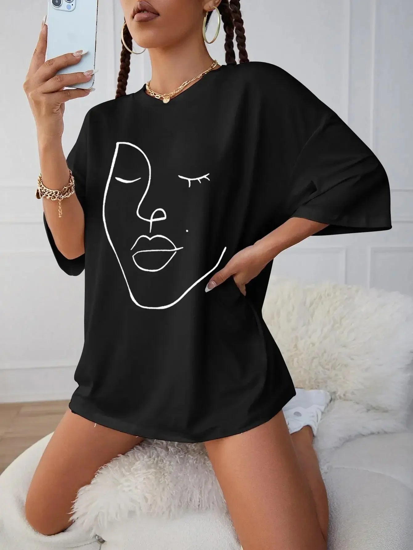 Simple Line Pattern Womens Tee Short Sleeve Cotton Top