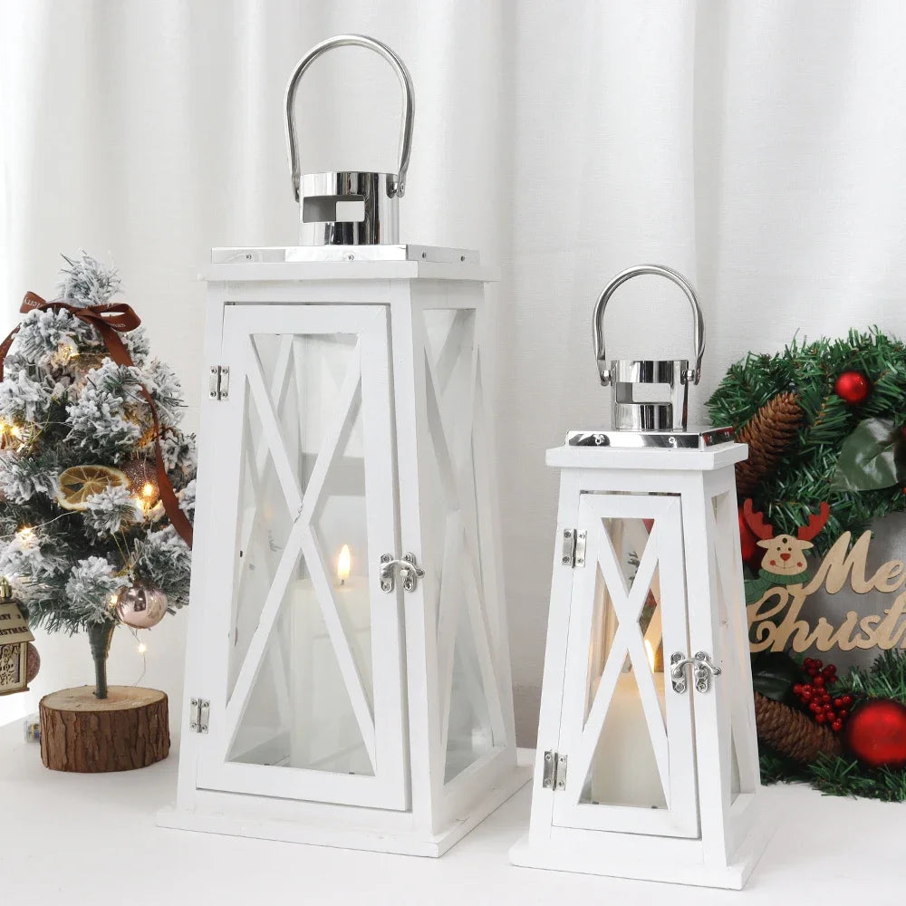 Farmhouse Wood Candle Lantern Decorative Candle Holders with Tempered Glass Rustic Hanging Lantern for Indoor Outdoor