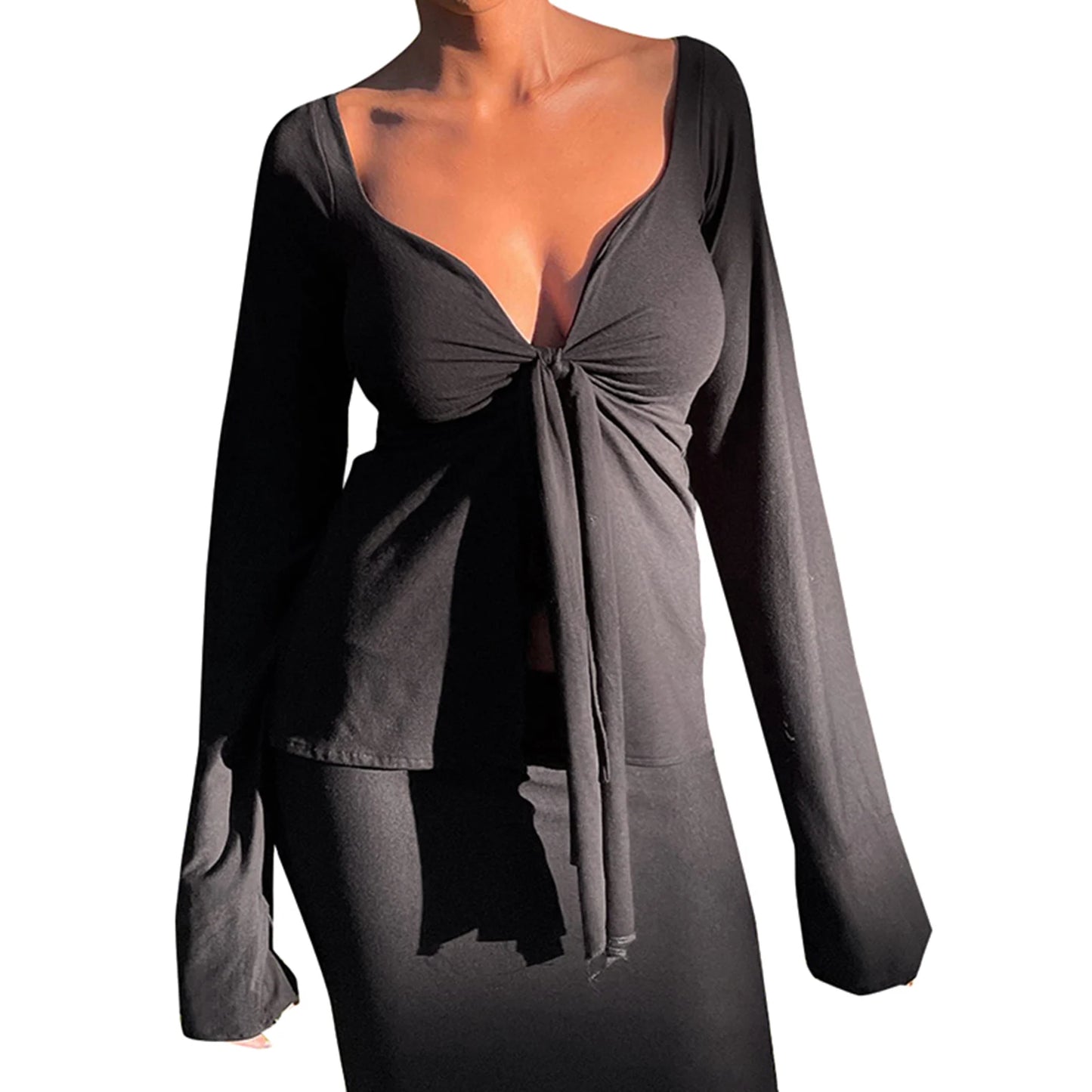 Hirigin Women PremiumWaffleLongSleeveVNeckFrontTieKnot FashionTop EssentialWardrobe DailyWear