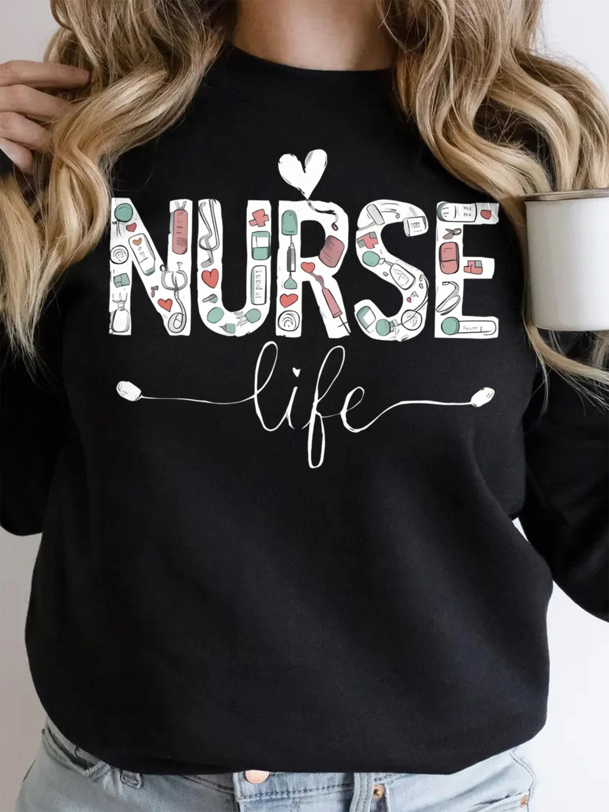 Closure Women Cotton Crew Neck Sweatshirt Nurse Life Print Oversized Hoodie Long Sleeved