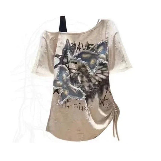 ZOYLEIRCN Vintage Y2K Off Shoulder Graphic T Shirt Women