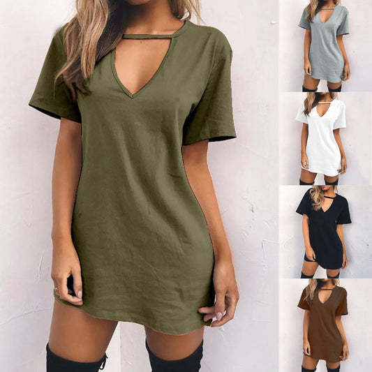 Casual Women V Neck Short Sleeve Hollow Dress Polyester