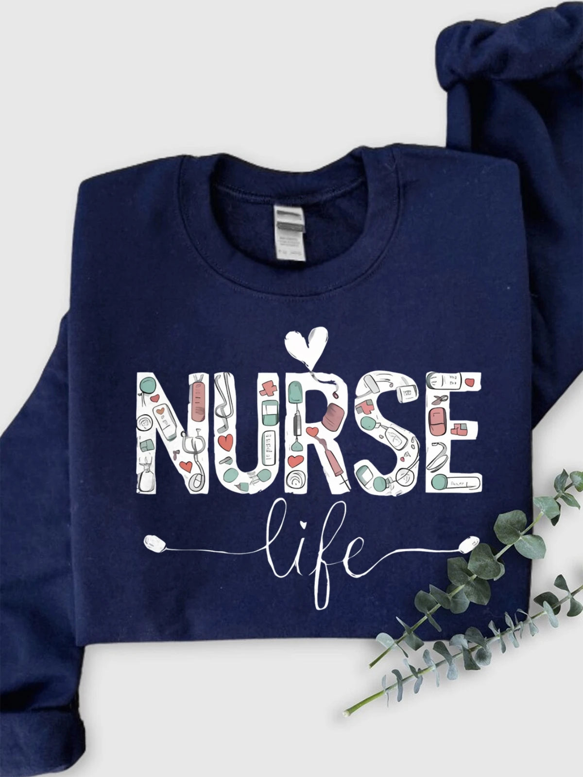 Closure Women Cotton Crew Neck Sweatshirt Nurse Life Print Oversized Hoodie Long Sleeved