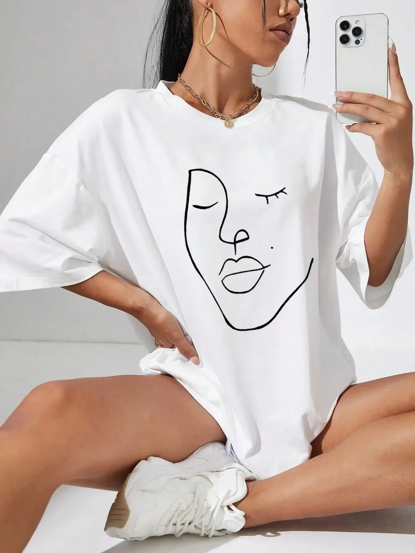 Simple Line Pattern Womens Tee Short Sleeve Cotton Top