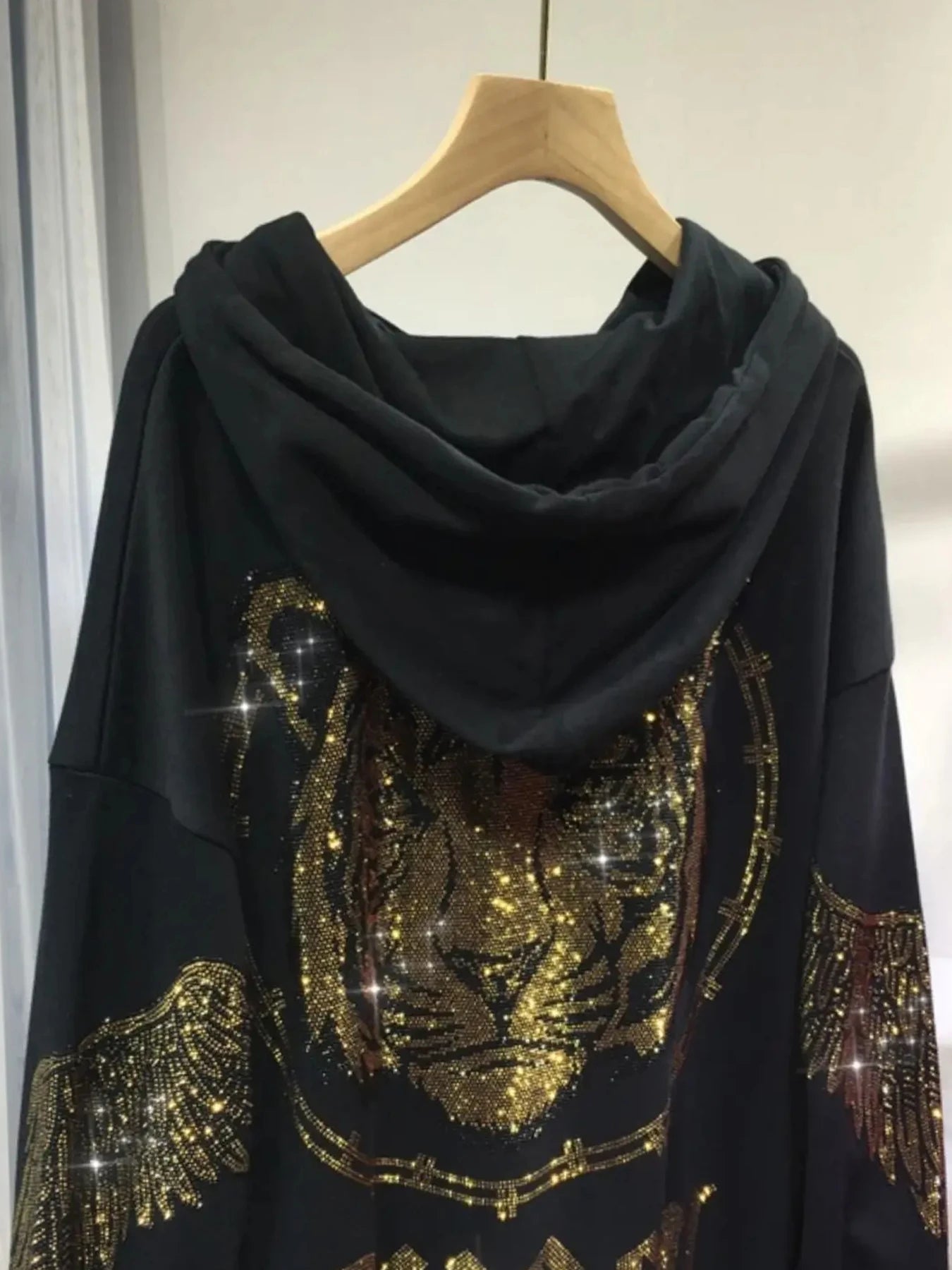 Hooded Zipper Hoodie Tiger Rhinestones Graphic With Pocket For Women