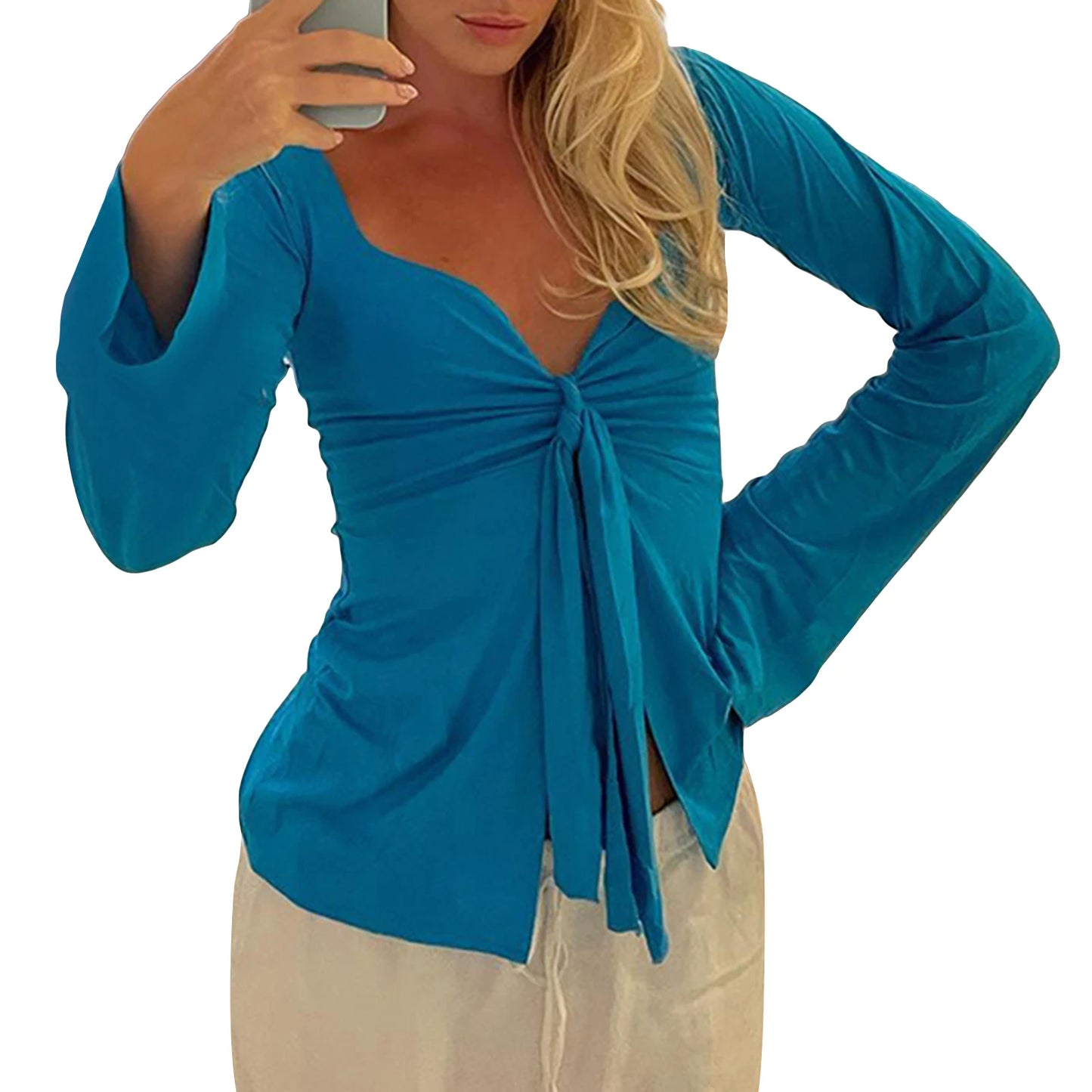 Hirigin Women PremiumWaffleLongSleeveVNeckFrontTieKnot FashionTop EssentialWardrobe DailyWear