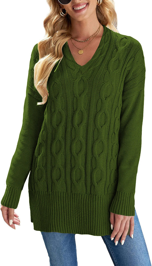 CN Jiangxi Cable Knit Pullover Sweater V Neck Long Sleeve