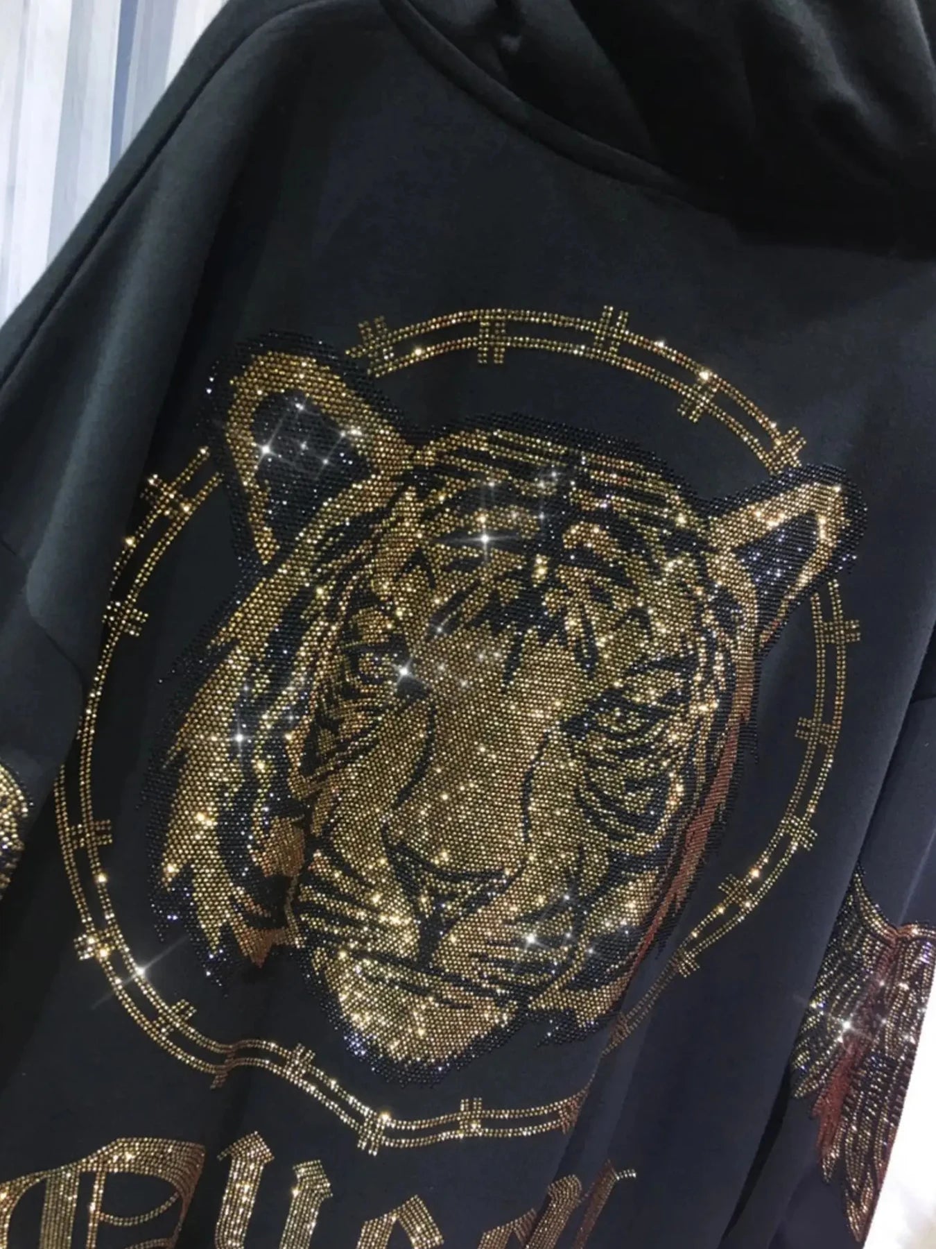 Hooded Zipper Hoodie Tiger Rhinestones Graphic With Pocket For Women