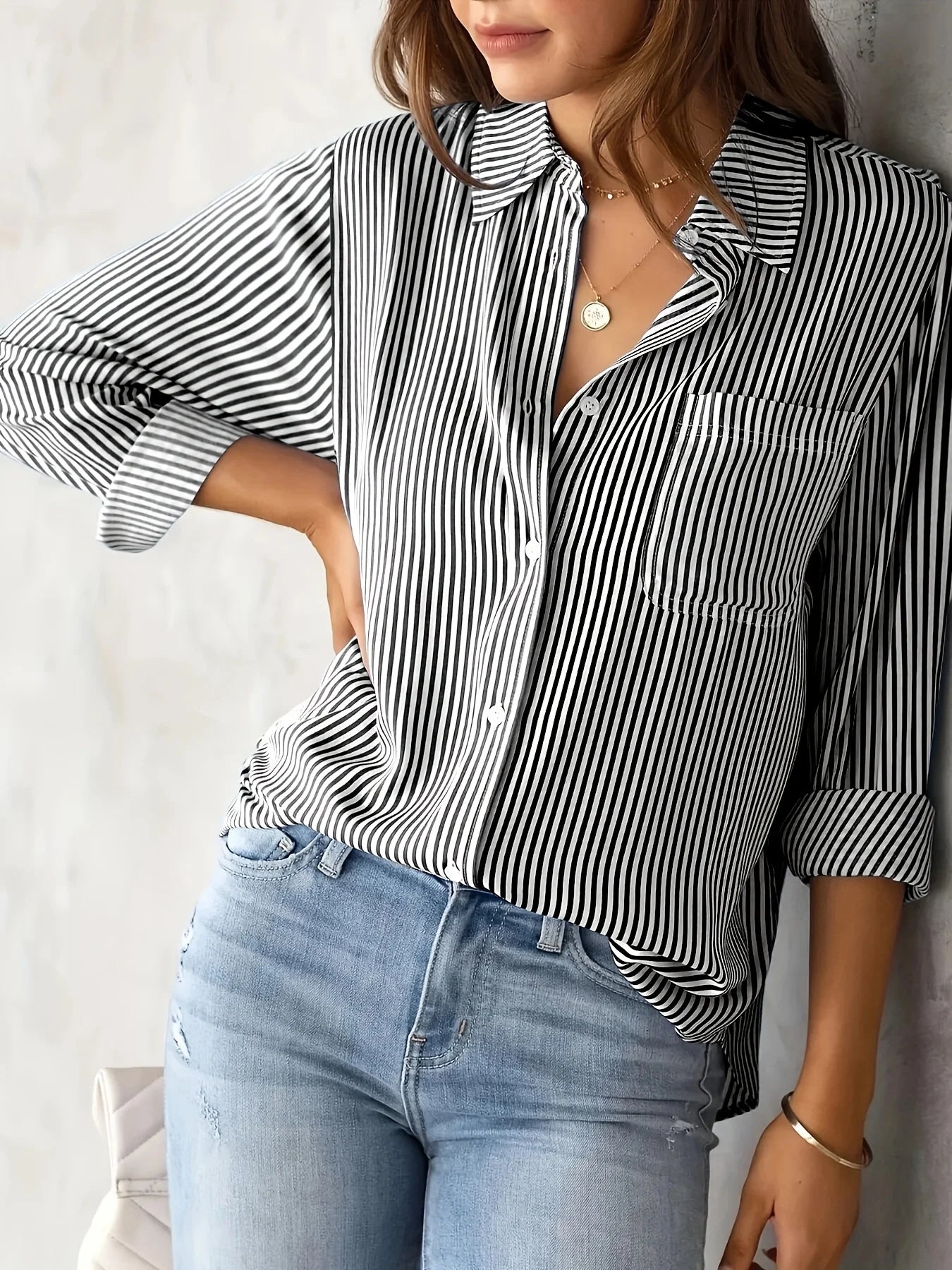 CN Jiangxi Womens Striped Shirt With Pockets Long Sleeves BreathablePolyesterFabric