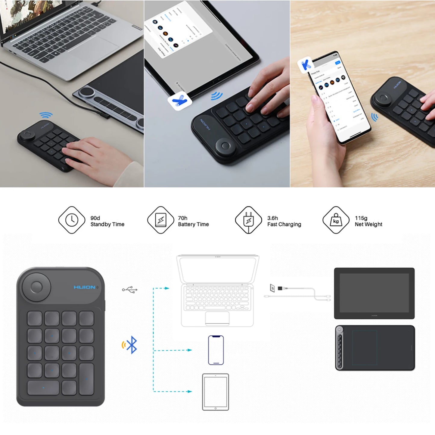 HUION Keydial Mini Wireless Keyboard K20 Bluetooth 5.0